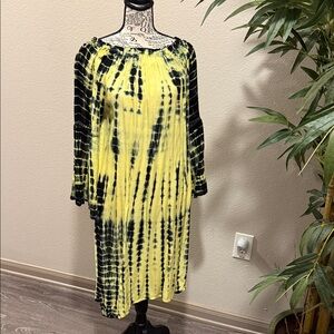 Yellow & Black Tie-Dye Off-Shoulder Long Sleeve Dress